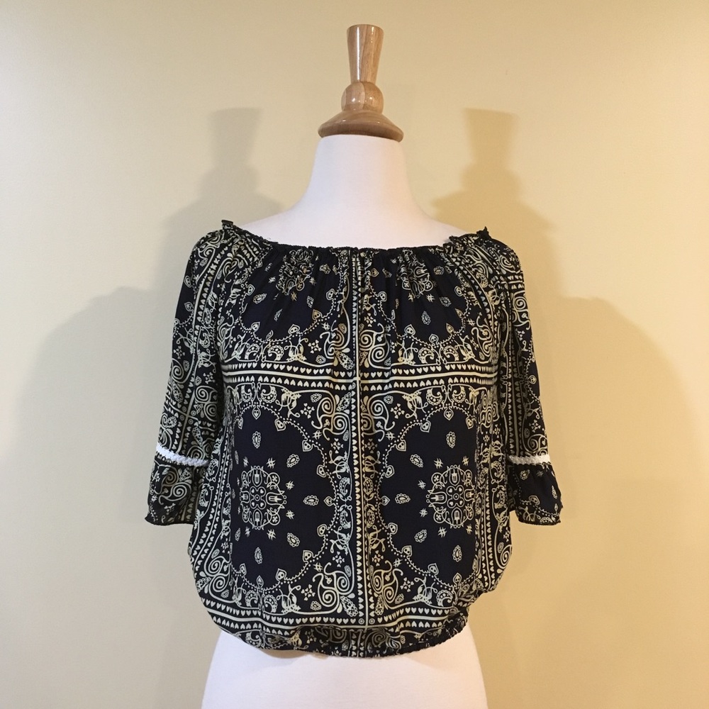 Off Shoulder Ruffled 3/4 Sleeve Print Blouse Navy - Picture 4 of 7